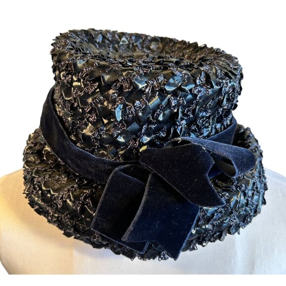 Vintage 60s Navy Blue Raffia Bucket Hat With Velvet Bow - Picture 2 of 7